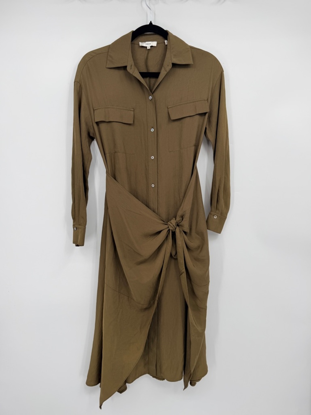 Vince Wrap Shirt Dress Olive Taupe Tie Waist Minimalist Luxury XXS - Picture 3 of 7